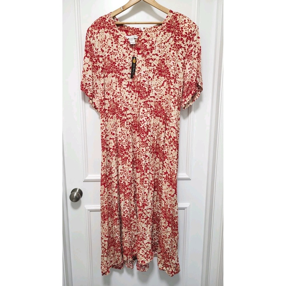 Vtg Deadstock Red Ivory Floral Mature Modest Lightweight Maxi Dress Sz 28w
